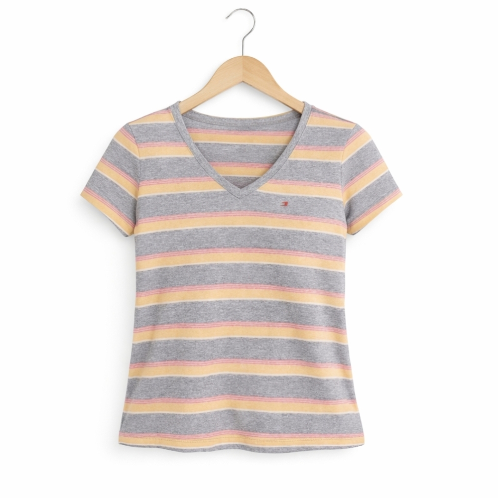 Tommy Hilfiger Gray Orange Striped Womens Tee Sz Med